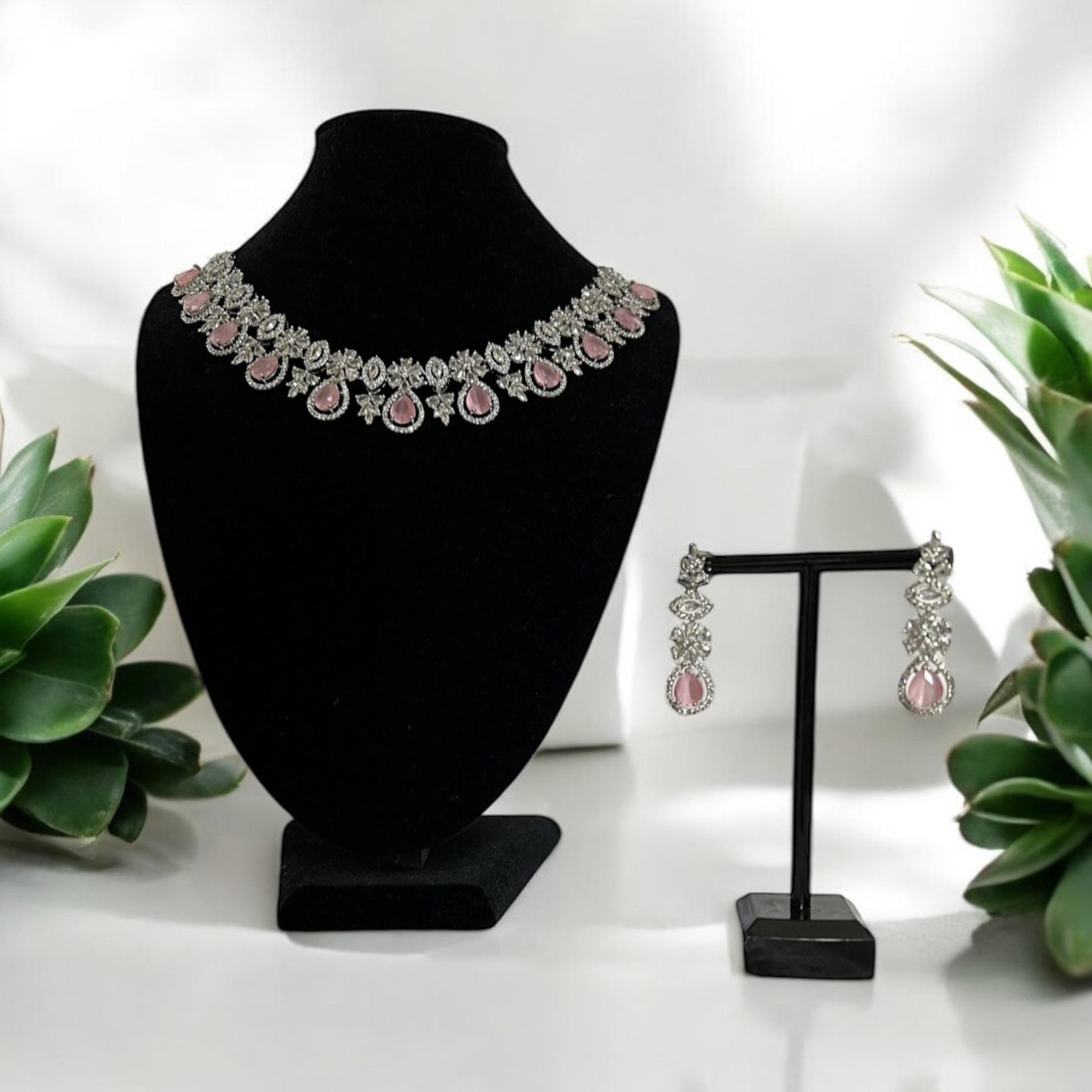 Pink Gemstone necklace with drop earrings, Indian Jewelry, great for special occasions