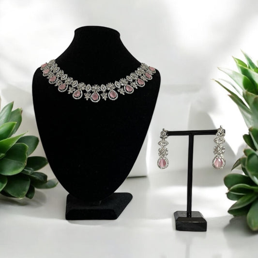 Pink Gemstone necklace with drop earrings, Indian Jewelry, great for special occasions