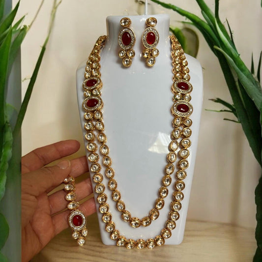 Elegant Long Pearl & Dark Ruby Kundan Necklace Set with Tikka