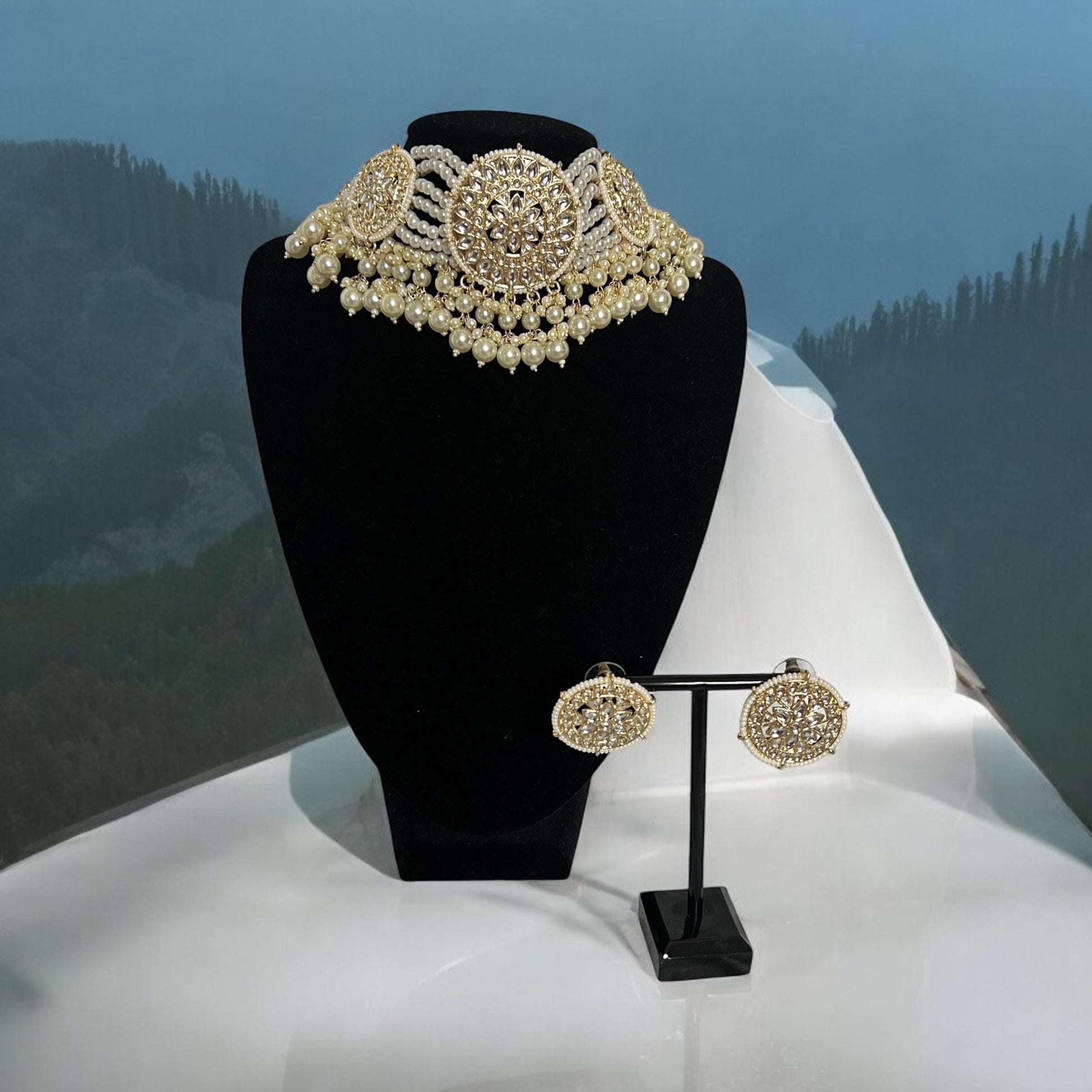 Cream and White Beaded Choker with Adjustable Size and Matching Stud Earrings, Indian jewellery