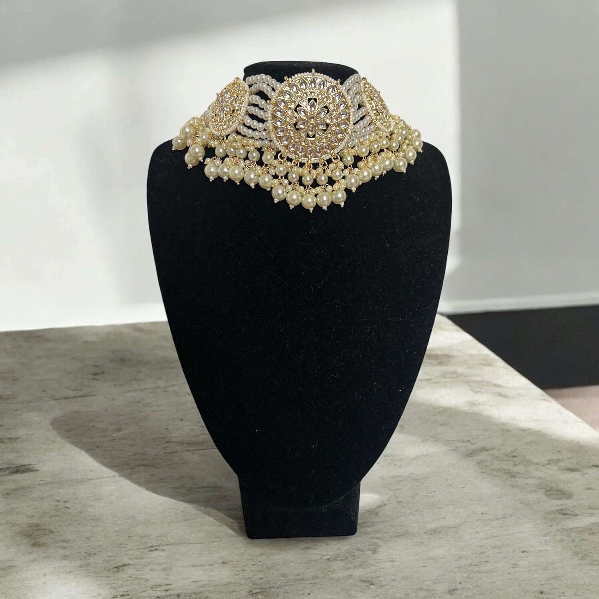Cream and White Beaded Choker with Adjustable Size and Matching Stud Earrings, Indian jewellery
