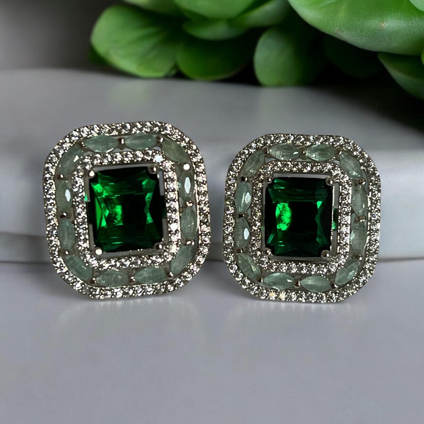 Emerald Green with Mint Green Gemstone Stud Earrings