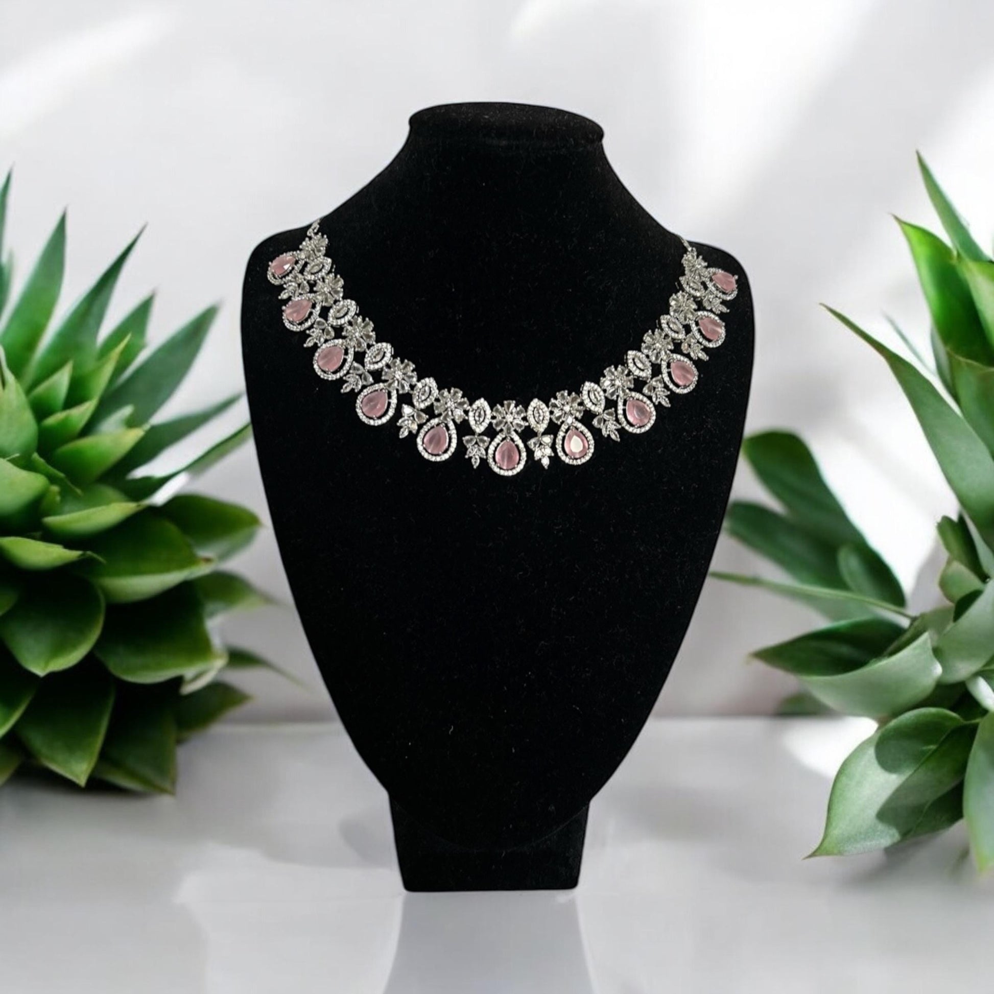 Pink Gemstone necklace with drop earrings, Indian Jewelry, great for special occasions