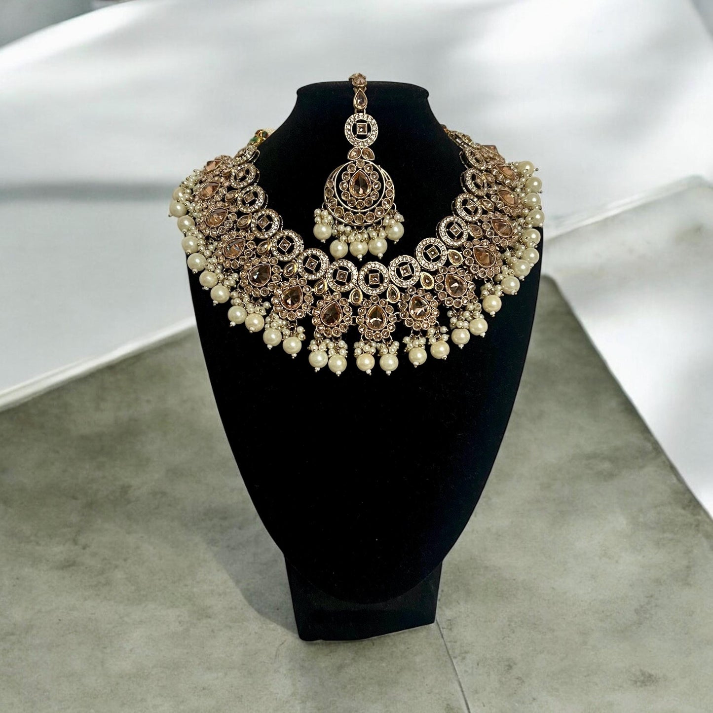 Traditional Bridal Cream & Gold Beaded Necklace Set