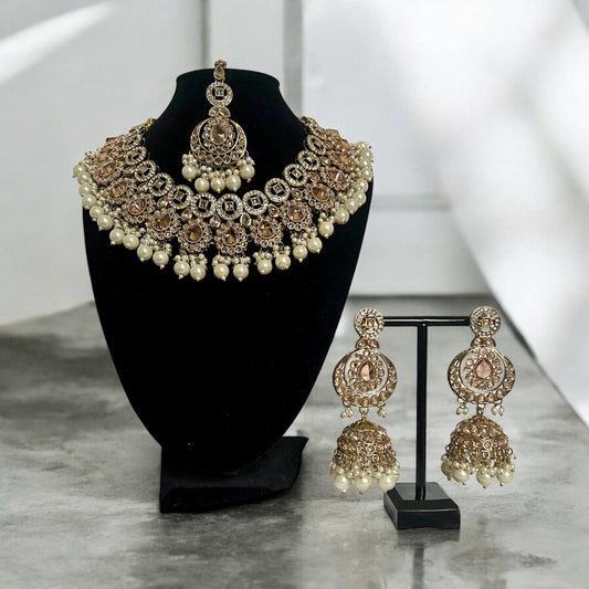 Traditional Bridal Cream & Gold Beaded Necklace Set