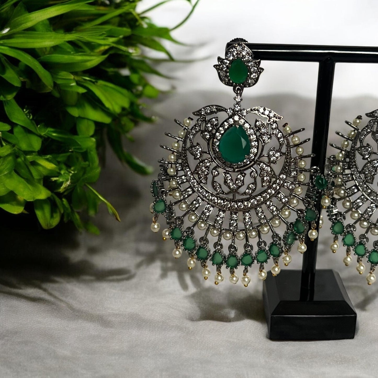 Traditional Green & Silver Kundan style earrings