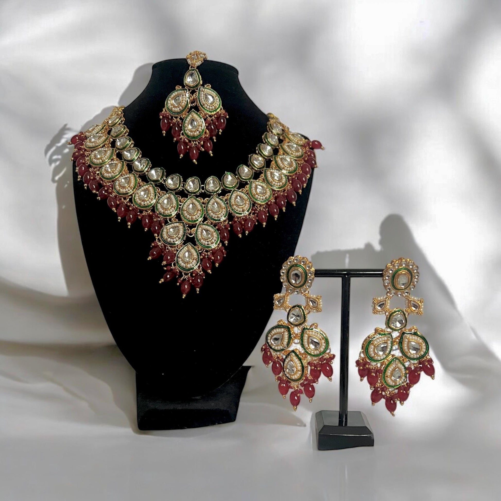 Bridal Red & Green Necklace Set with matching Tikka