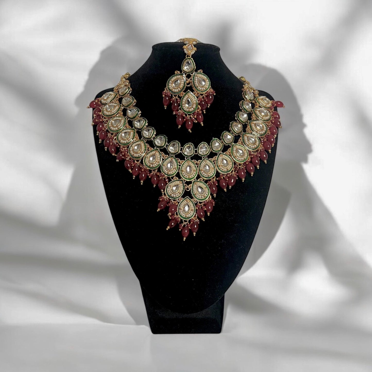 Bridal Red & Green Necklace Set with matching Tikka