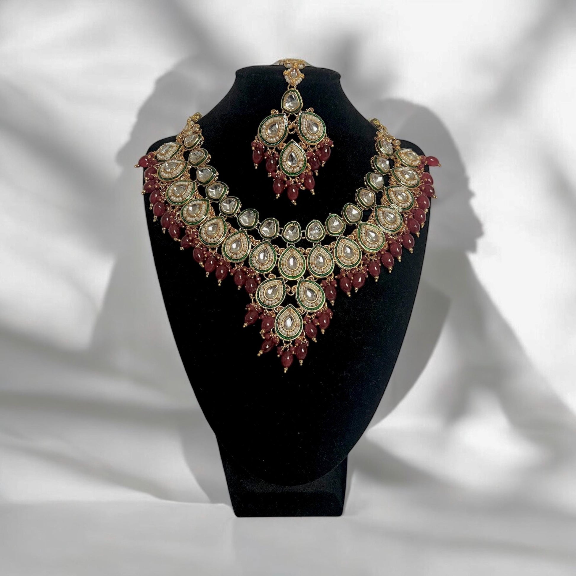 Bridal Red & Green Necklace Set with matching Tikka