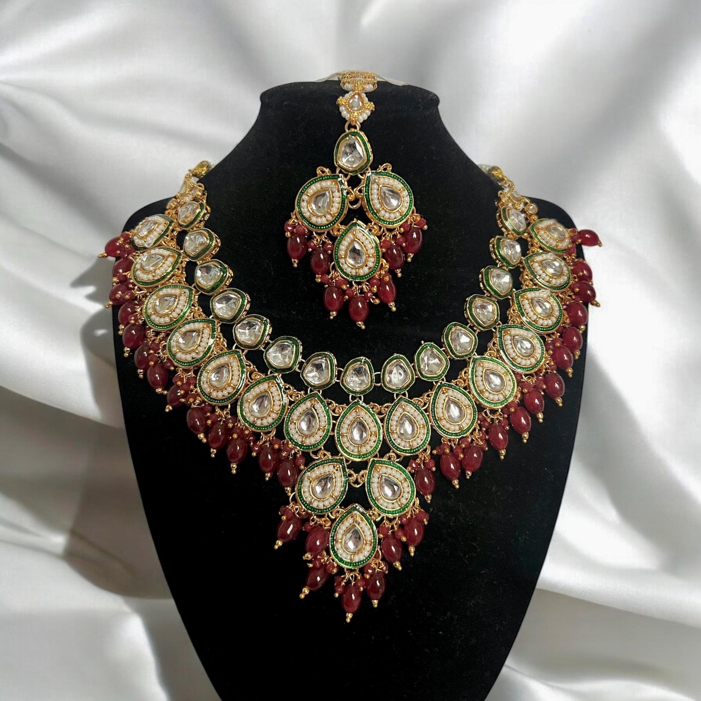 Bridal Red & Green Necklace Set with matching Tikka