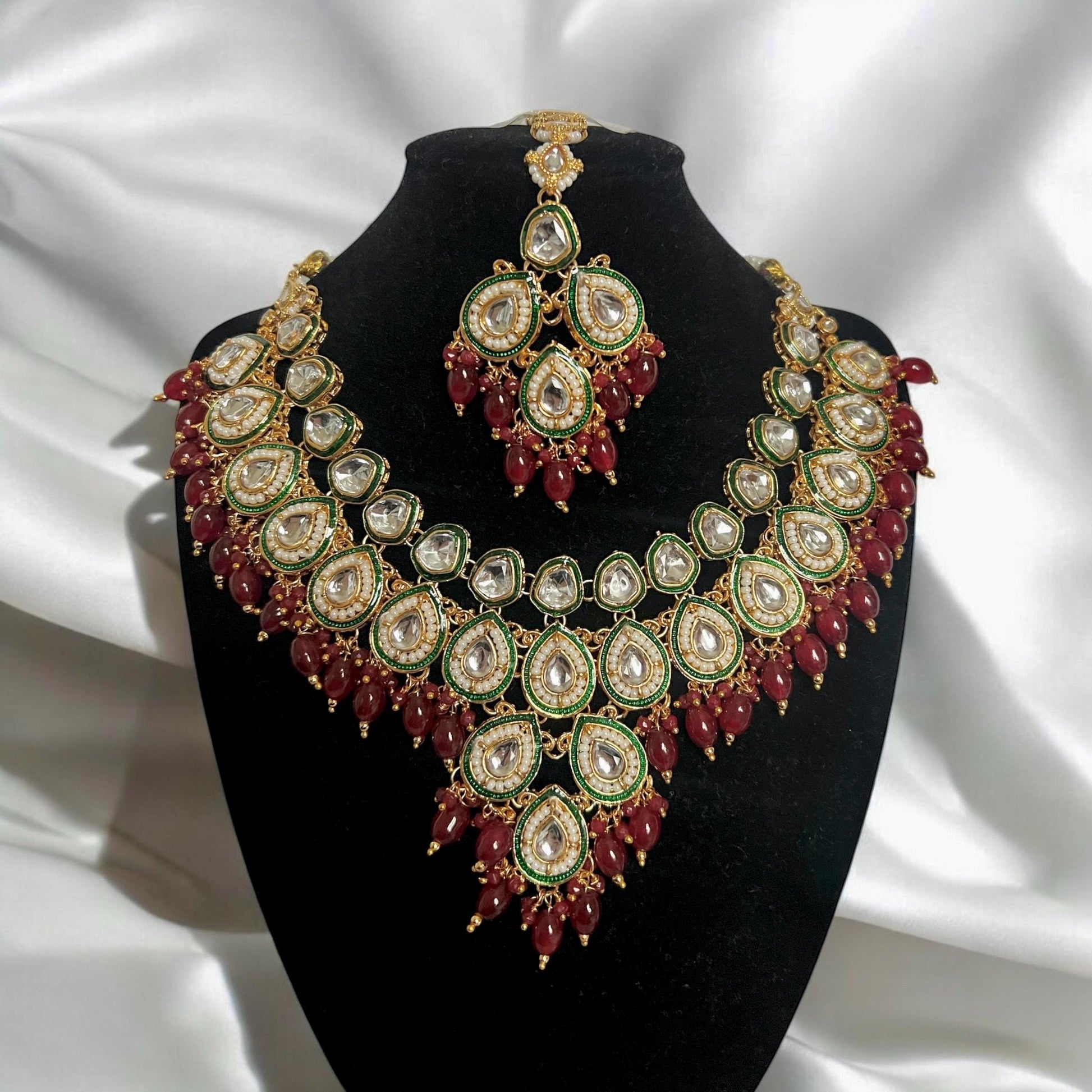 Bridal Red & Green Necklace Set with matching Tikka