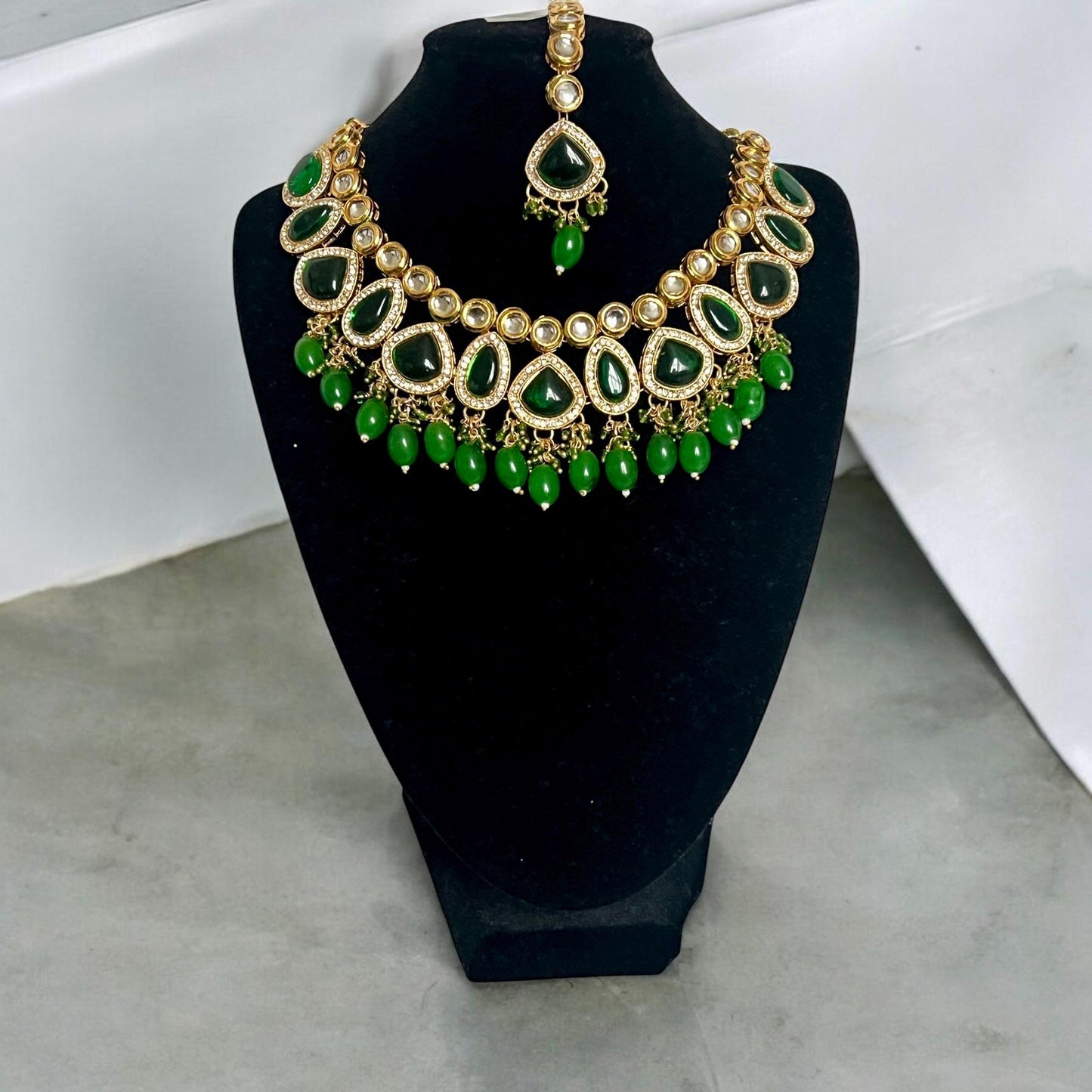 Traditional green & gold Kundan style necklace set with matching tikka