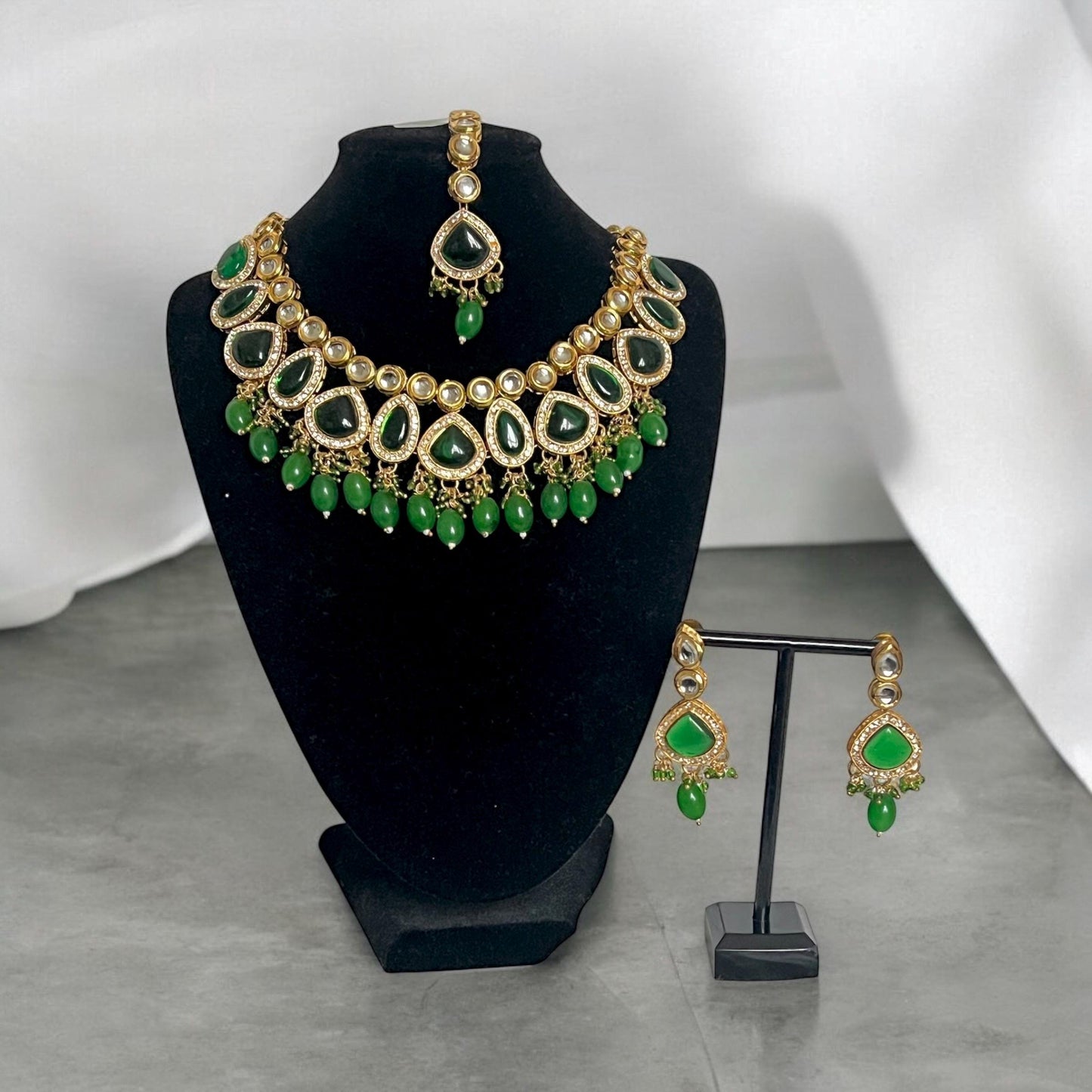 Traditional green & gold Kundan style necklace set with matching tikka