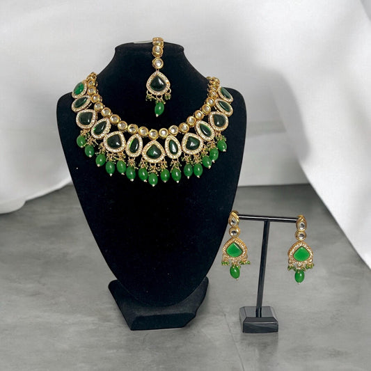Traditional green & gold Kundan style necklace set with matching tikka