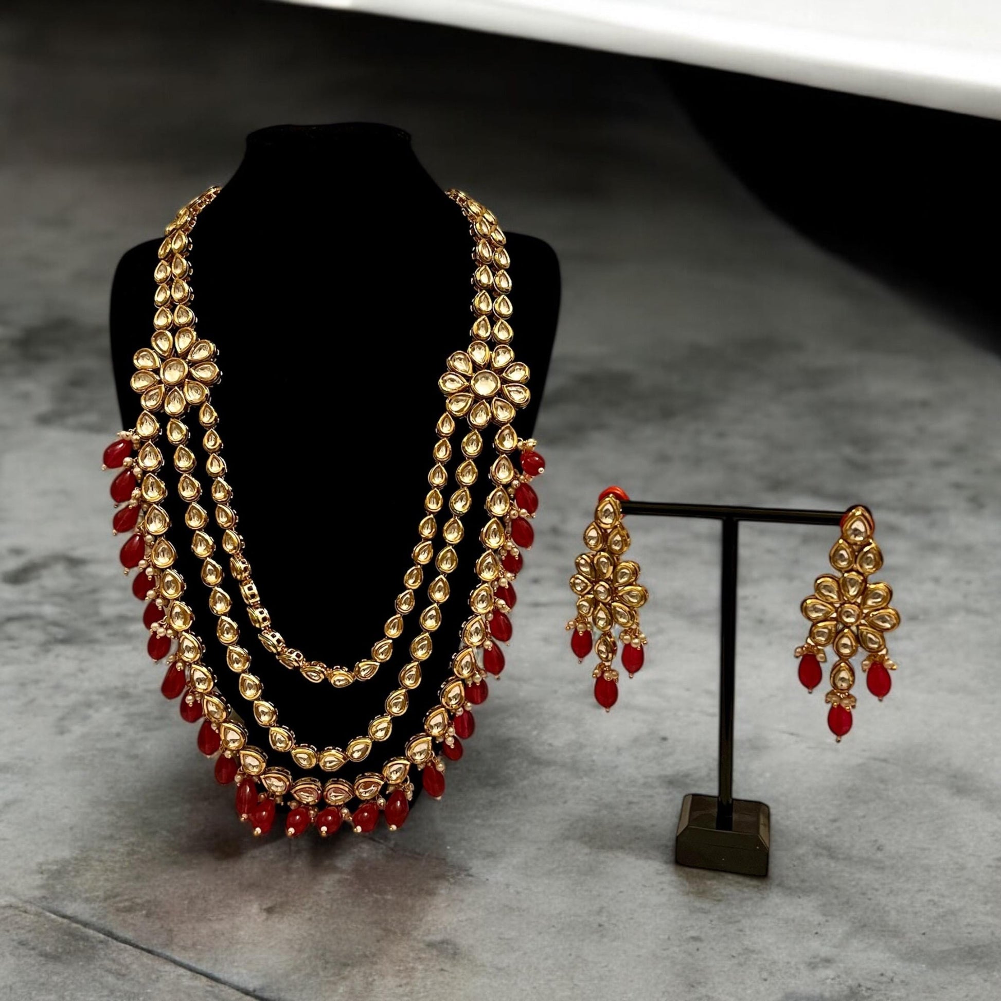 Red & Gold Kundan Layered Long Necklace with Matching Earrings - Perfect for Occasions