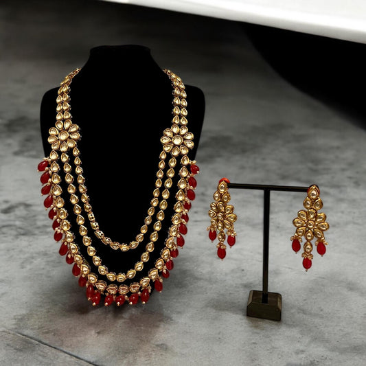 Red & Gold Kundan Layered Long Necklace with Matching Earrings - Perfect for Occasions