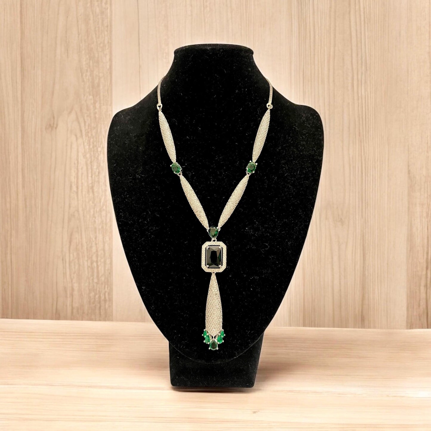 Green Stone & American Dianonds pendant Necklace with matching Earrings