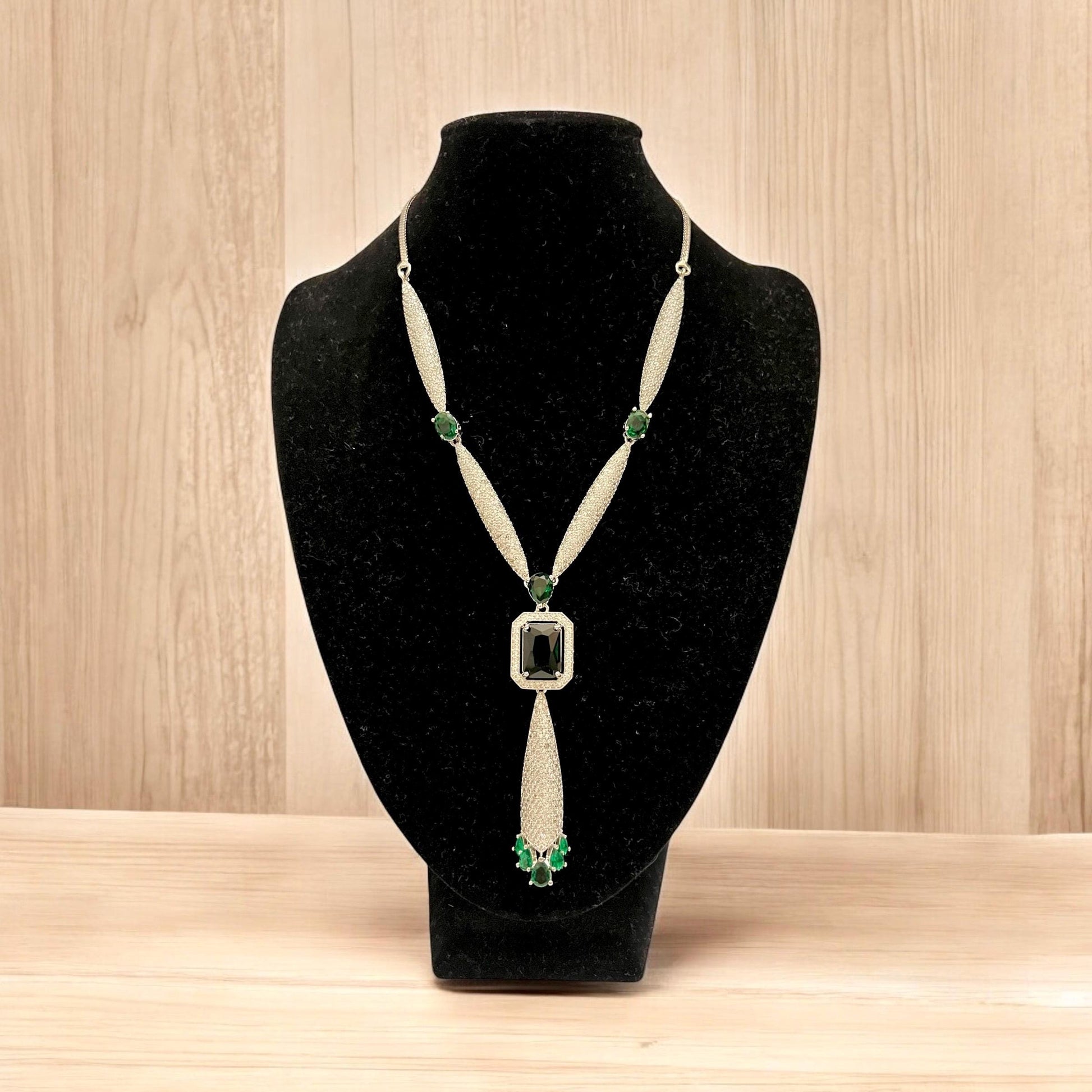 Green Stone & American Dianonds pendant Necklace with matching Earrings