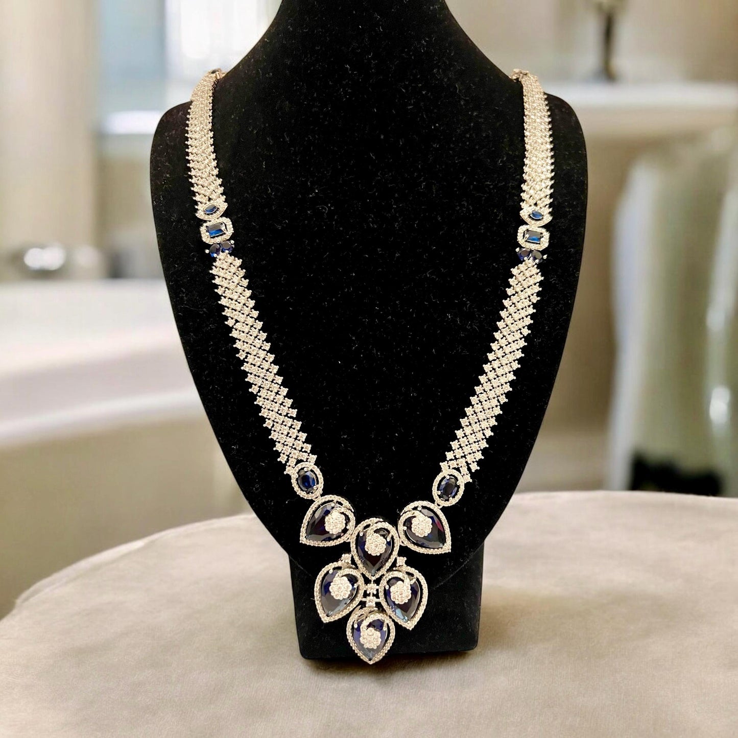 Dark Blue & Clear AD Long Necklace with Matching Drop Earrings - Asian Jewelry, Indian, Bridal