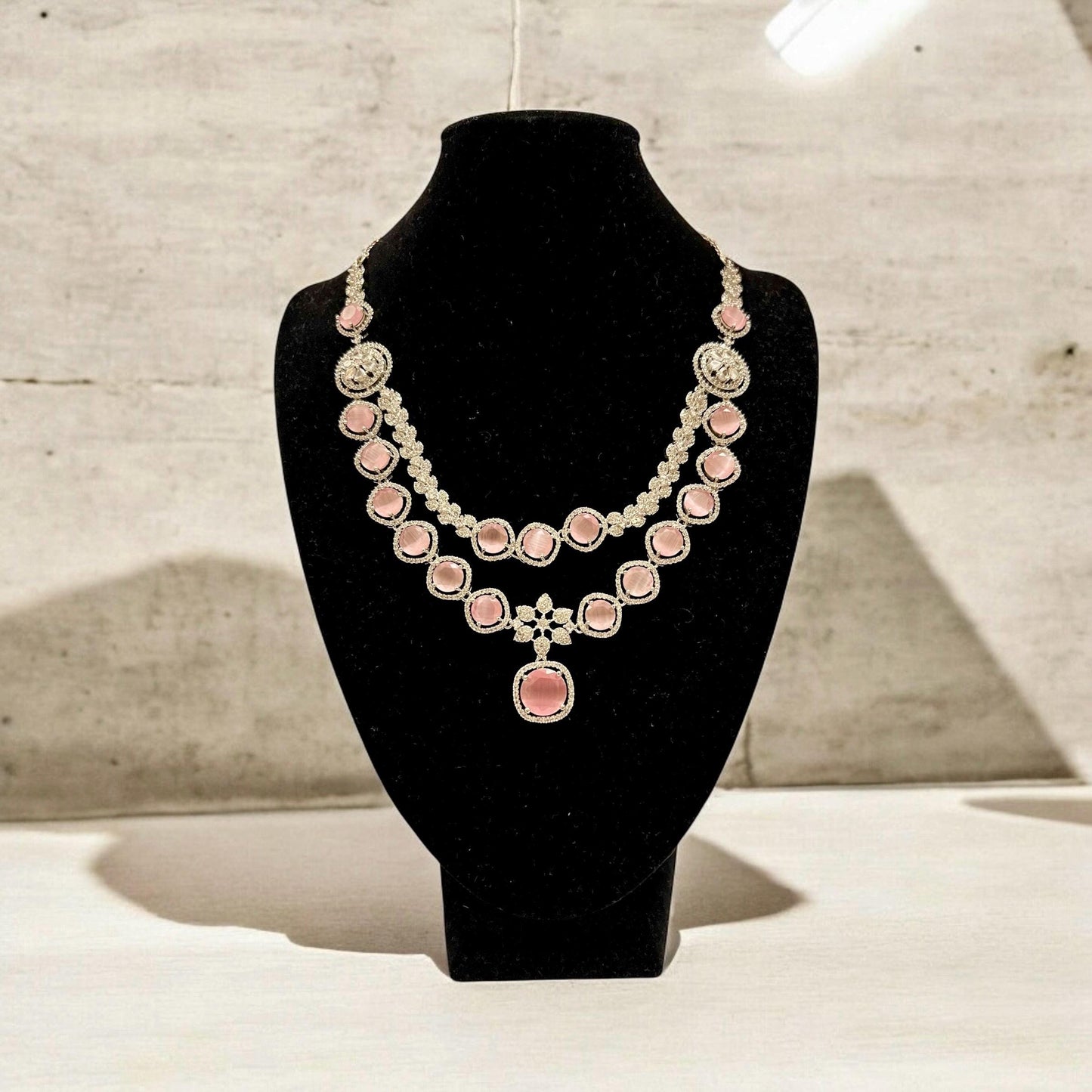 Pink and Clear AD Double Layer Necklace and Earrings Set