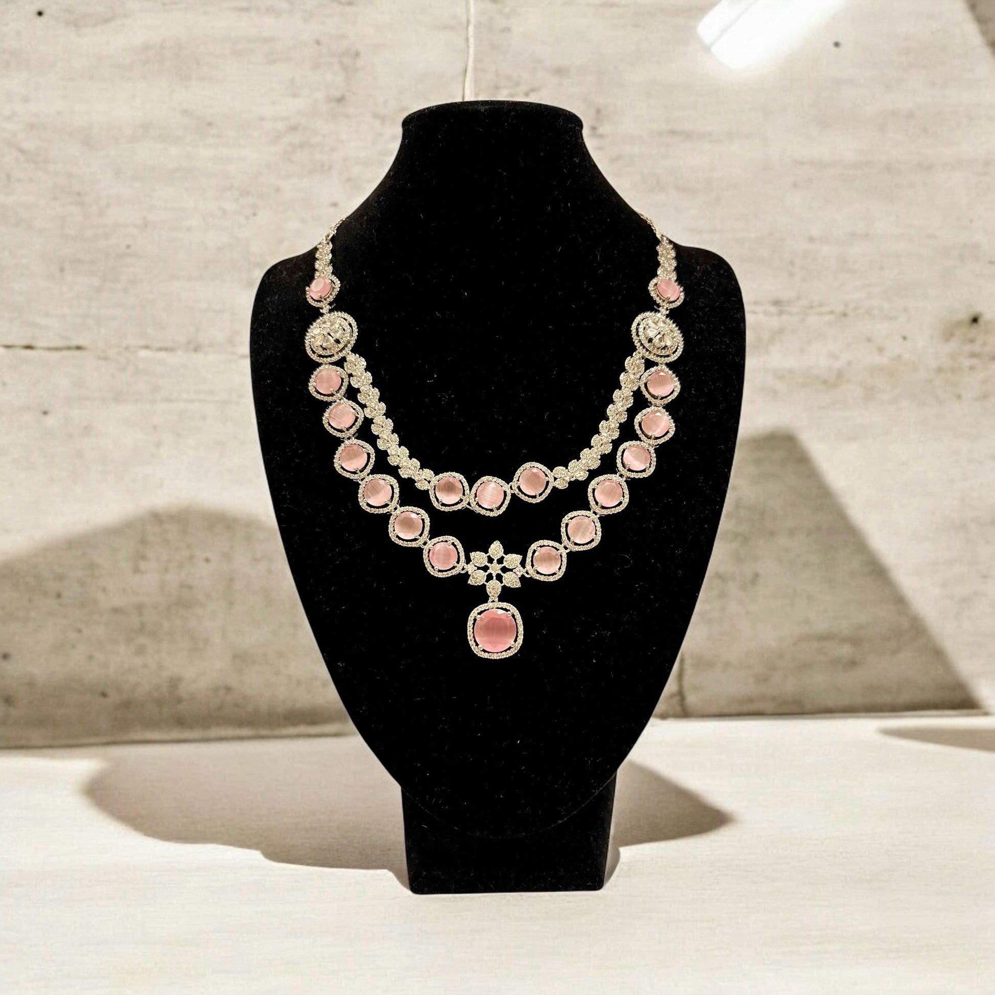 Pink and Clear AD Double Layer Necklace and Earrings Set