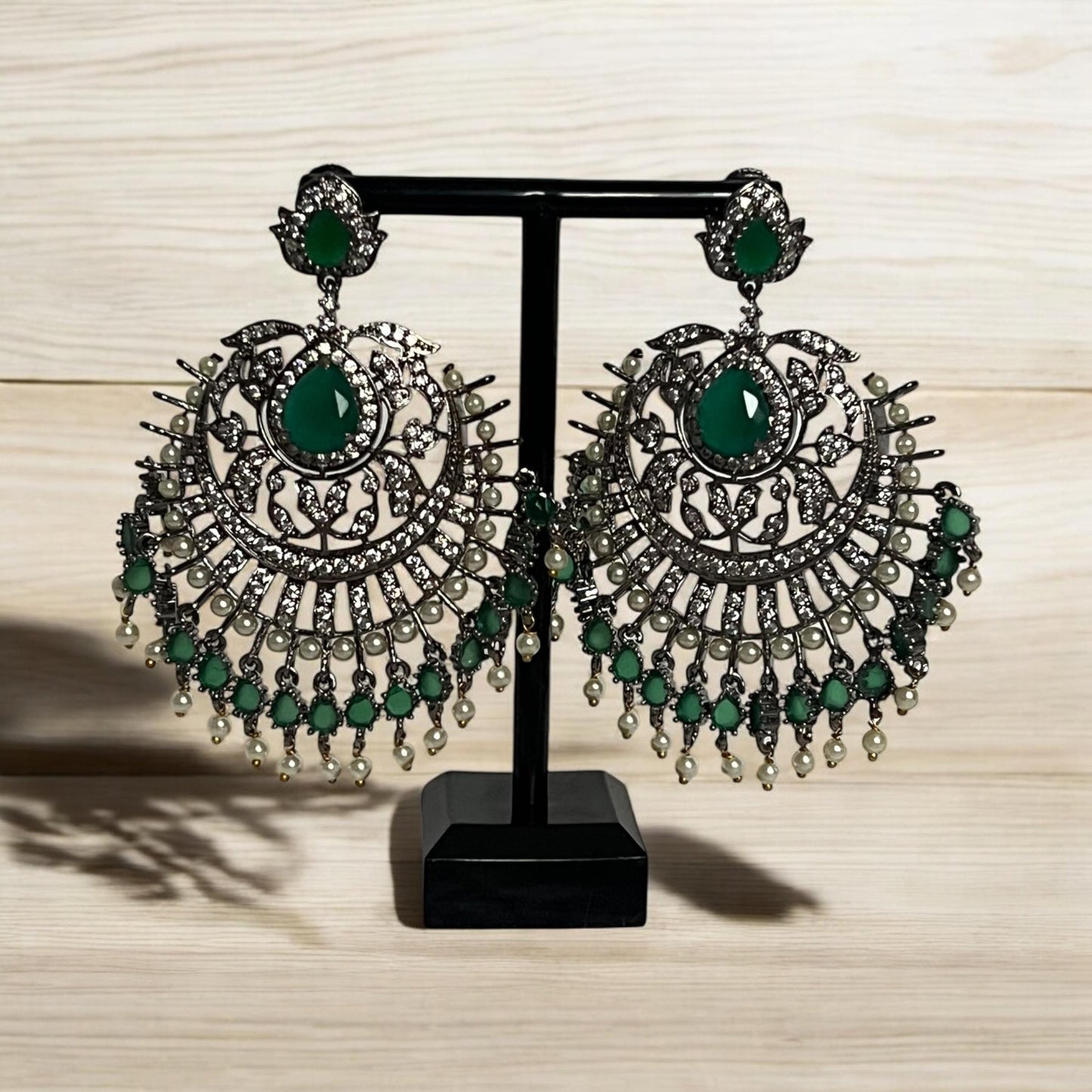 Traditional Green & Silver Kundan style earrings