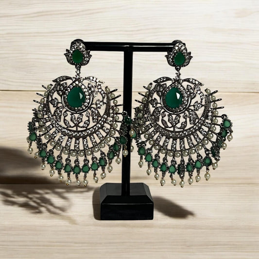 Traditional Green & Silver Kundan style earrings
