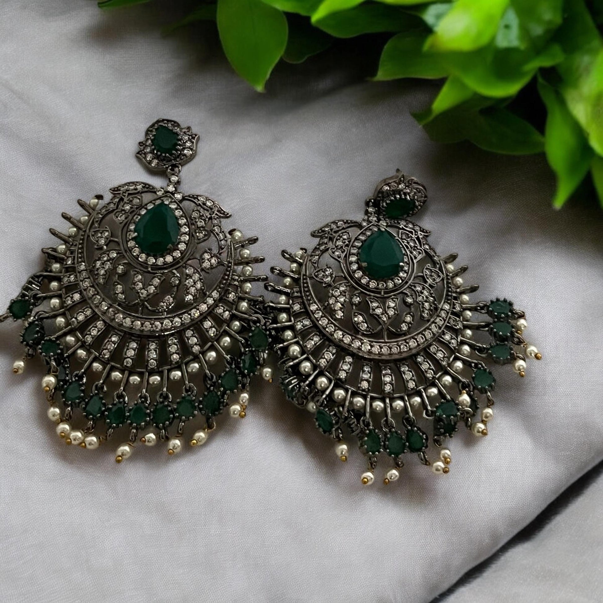Traditional Green & Silver Kundan style earrings