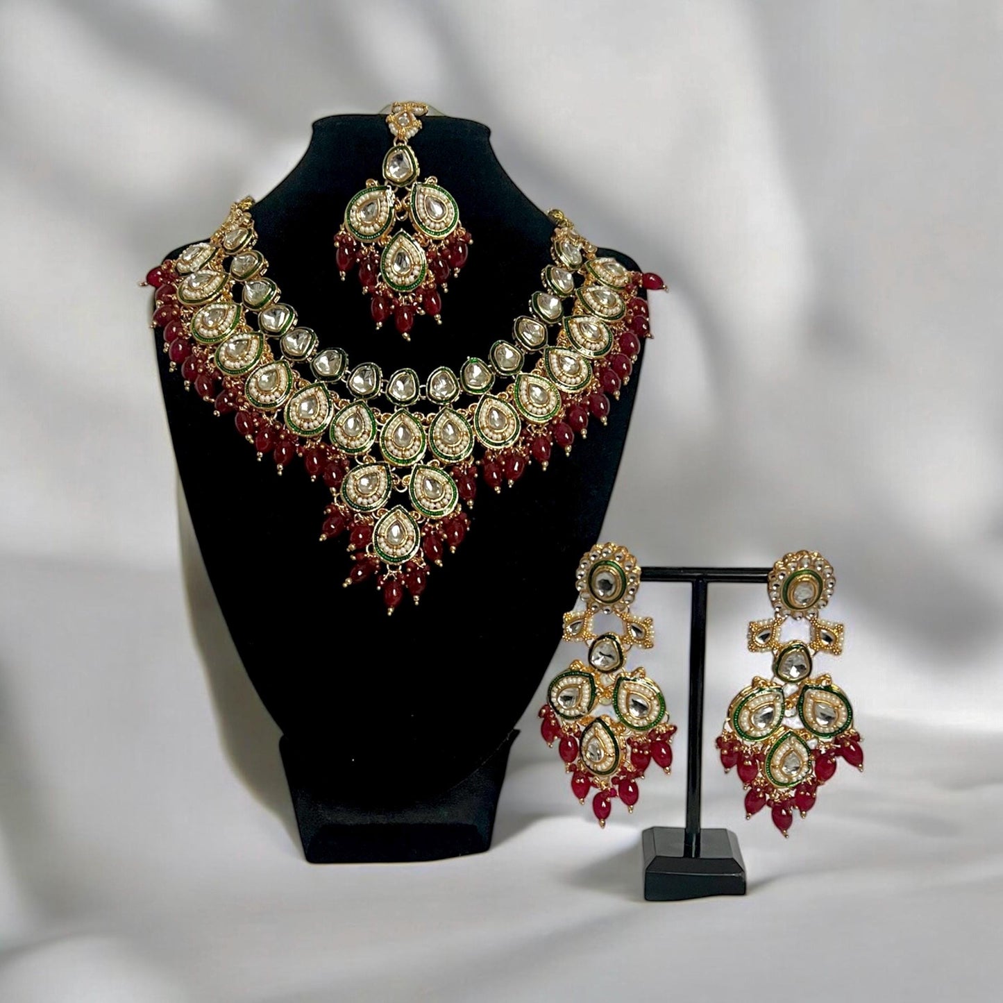 Bridal Red & Green Necklace Set with matching Tikka