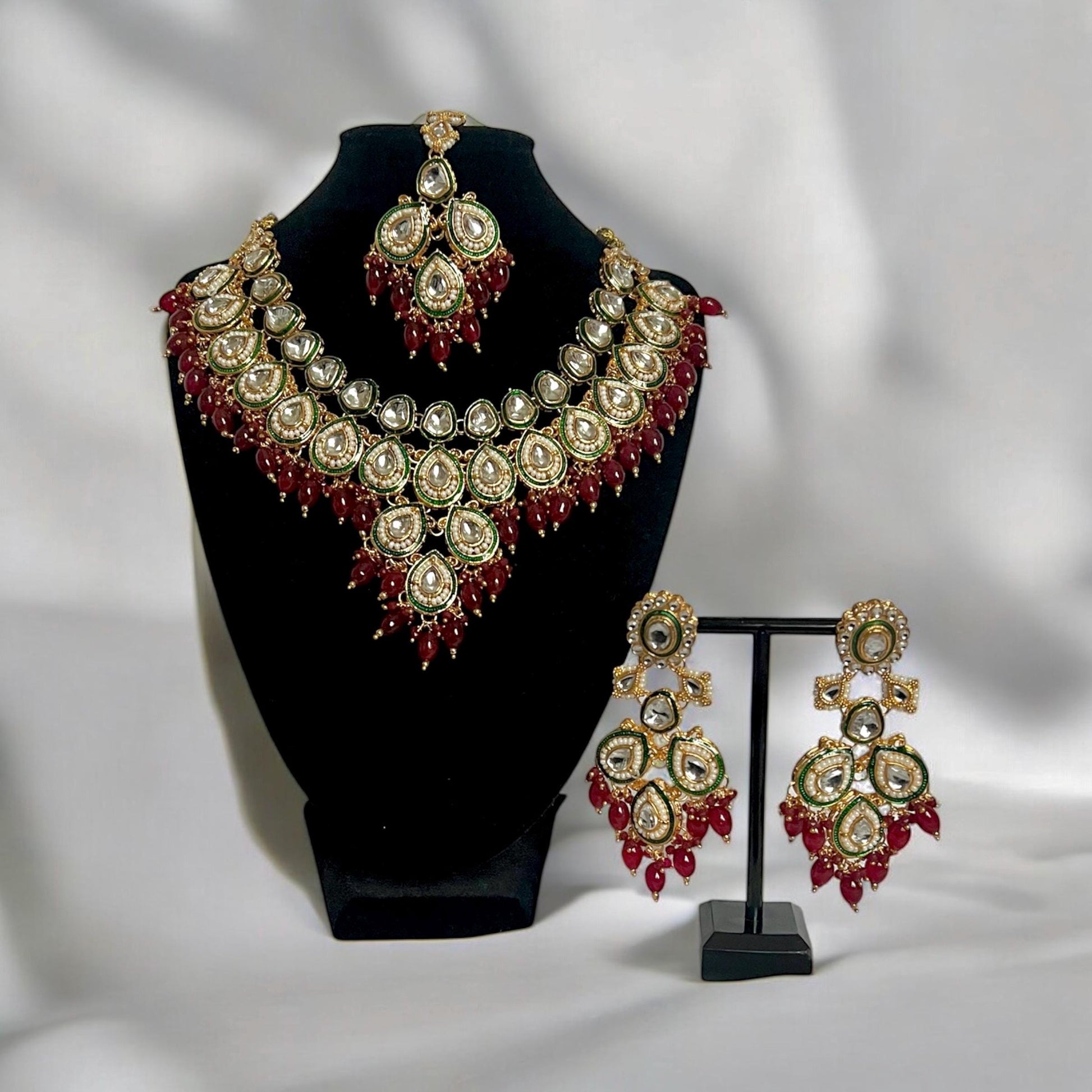Bridal Red & Green Necklace Set with matching Tikka