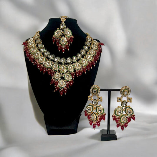 Bridal Red & Green Necklace Set with matching Tikka