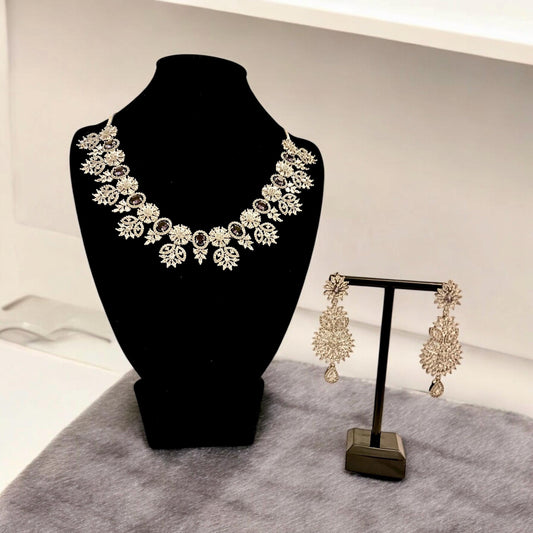 Purple Flower detail AD Neclace Set with matching Earrings