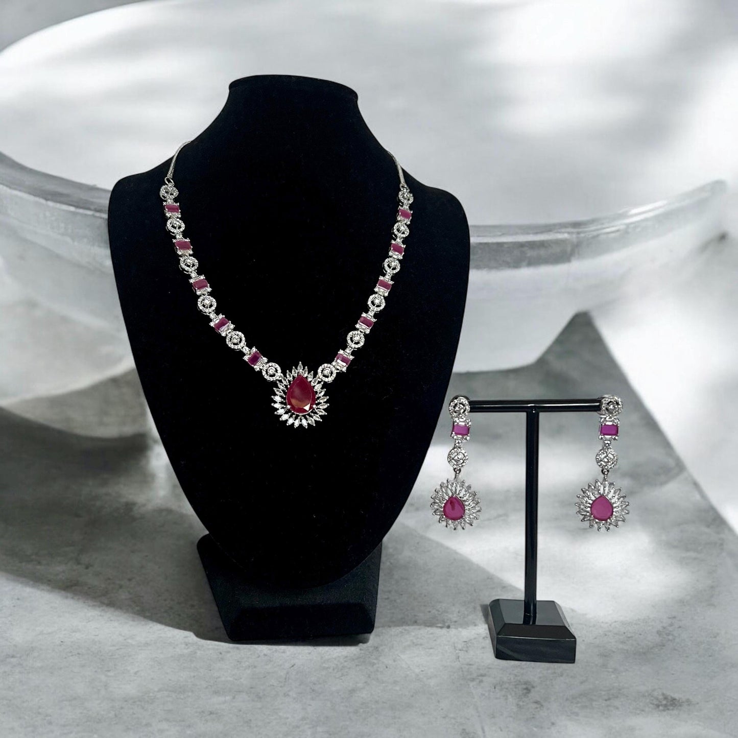 Rani Pink American Diamond Pendant Necklace Set