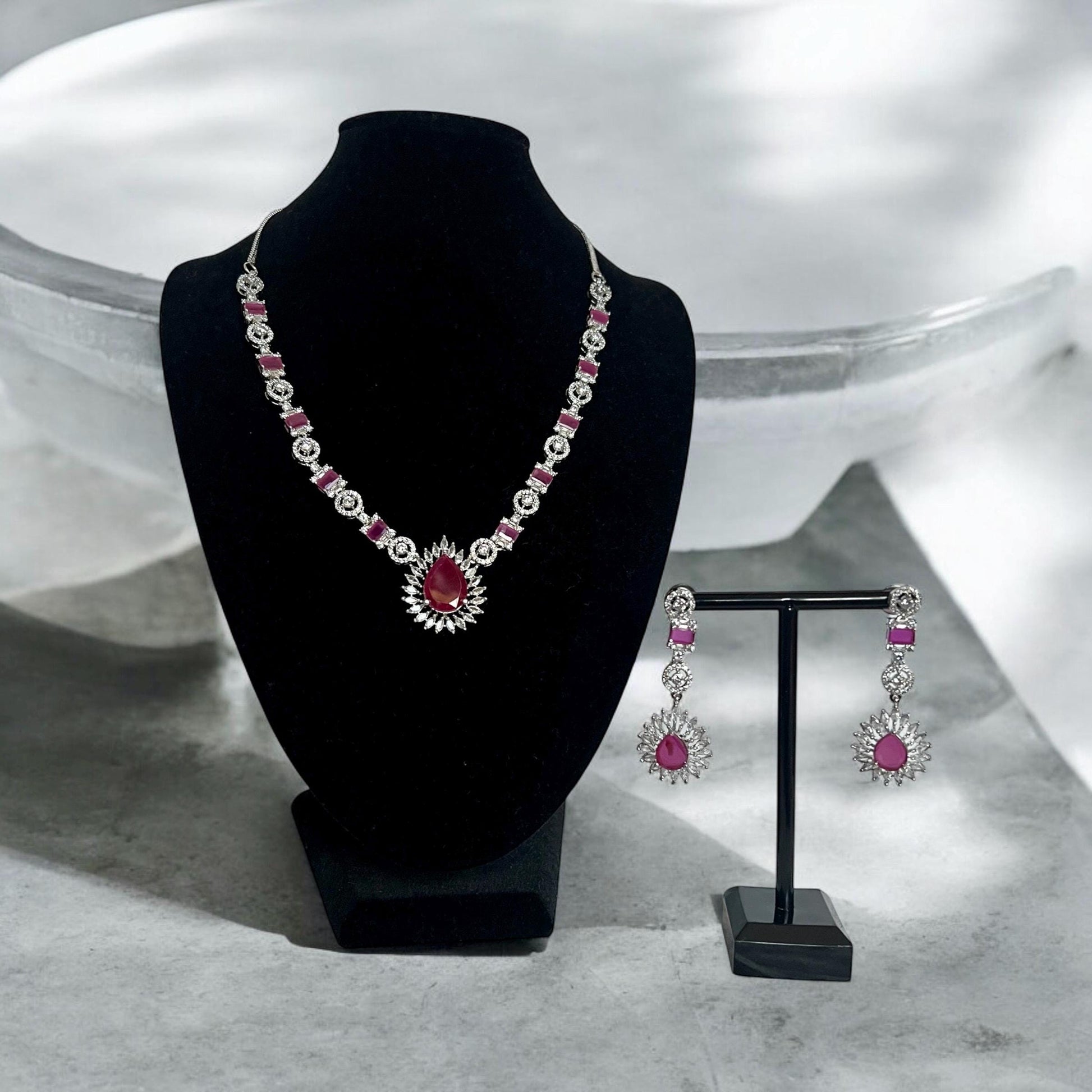 Rani Pink American Diamond Pendant Necklace Set