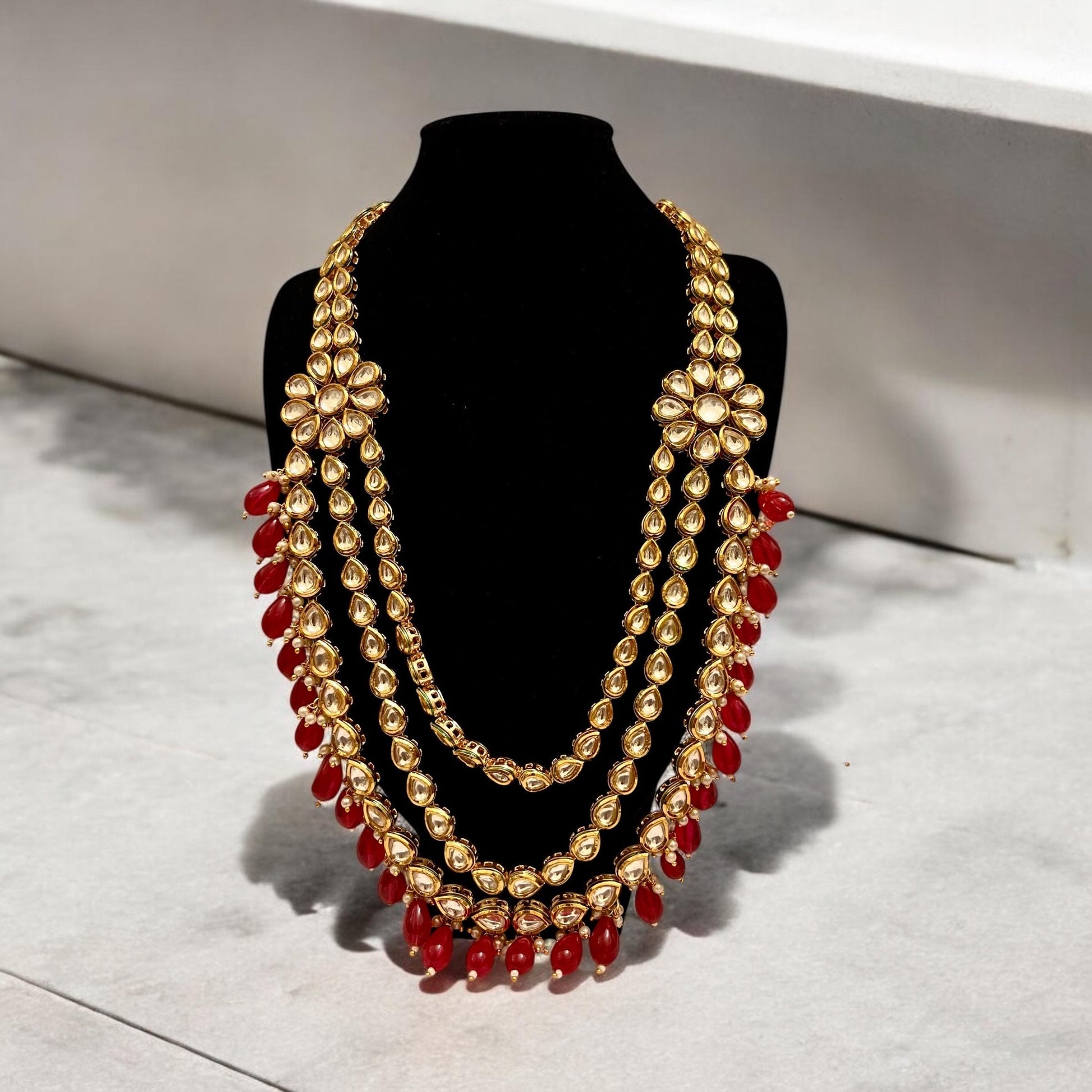 Red & Gold Kundan Layered Long Necklace with Matching Earrings - Perfect for Occasions