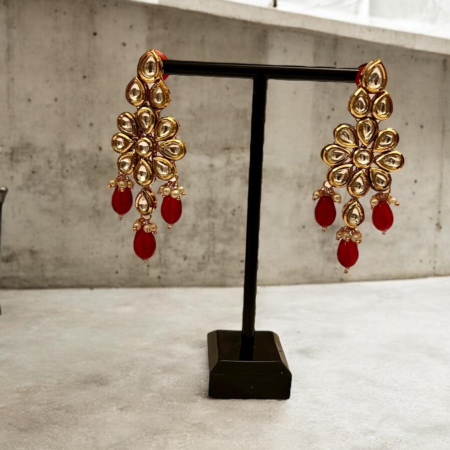 Red & Gold Kundan Layered Long Necklace with Matching Earrings - Perfect for Occasions