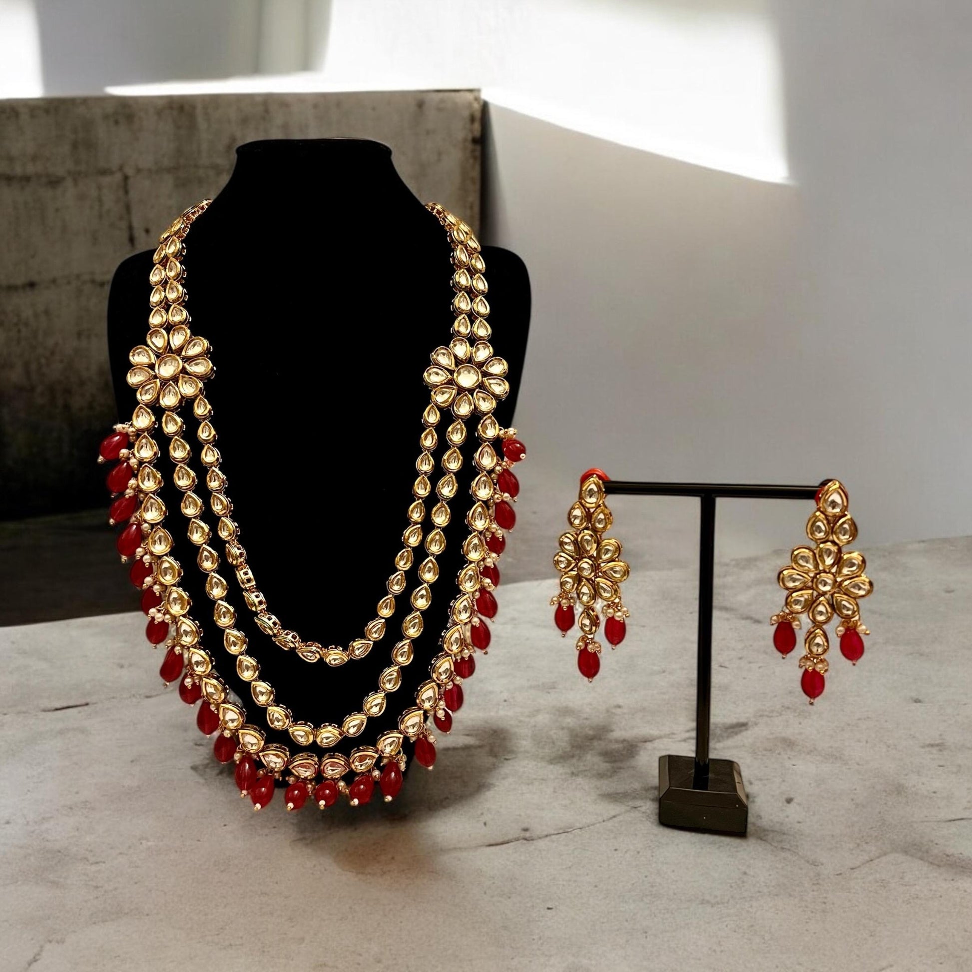 Red & Gold Kundan Layered Long Necklace with Matching Earrings - Perfect for Occasions