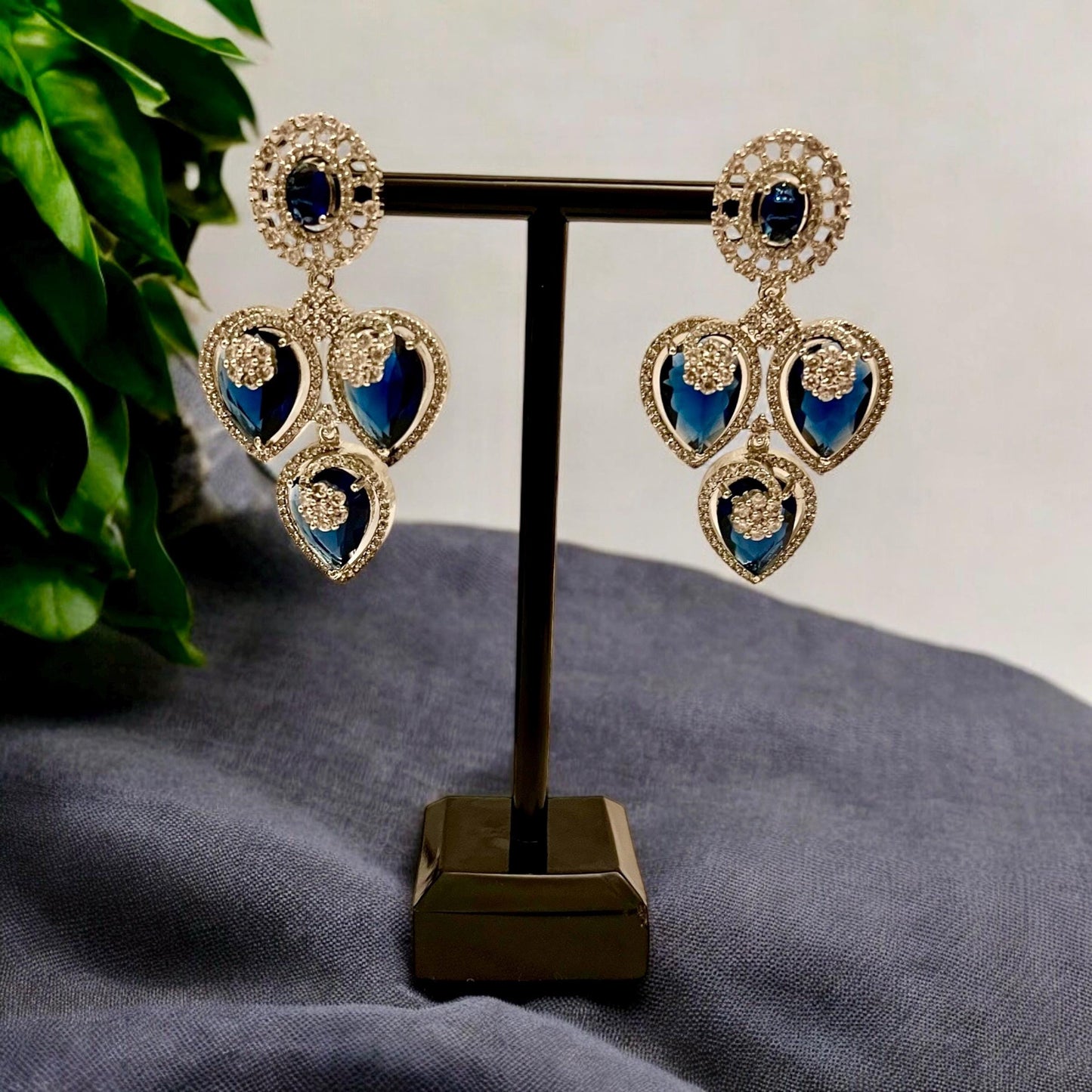 Dark Blue & Clear AD Long Necklace with Matching Drop Earrings - Asian Jewelry, Indian, Bridal
