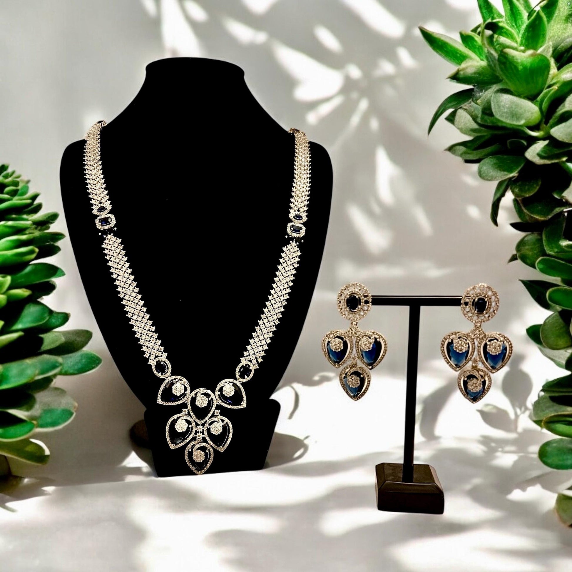 Dark Blue & Clear AD Long Necklace with Matching Drop Earrings - Asian Jewelry, Indian, Bridal