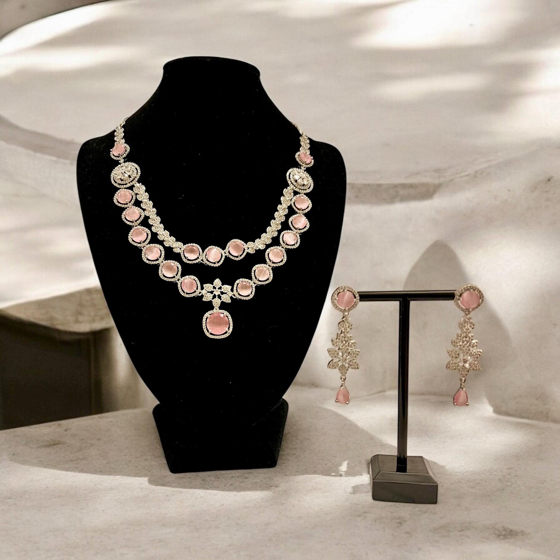 Pink and Clear AD Double Layer Necklace and Earrings Set
