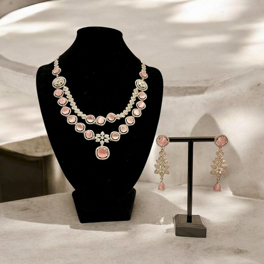 Pink and Clear AD Double Layer Necklace and Earrings Set