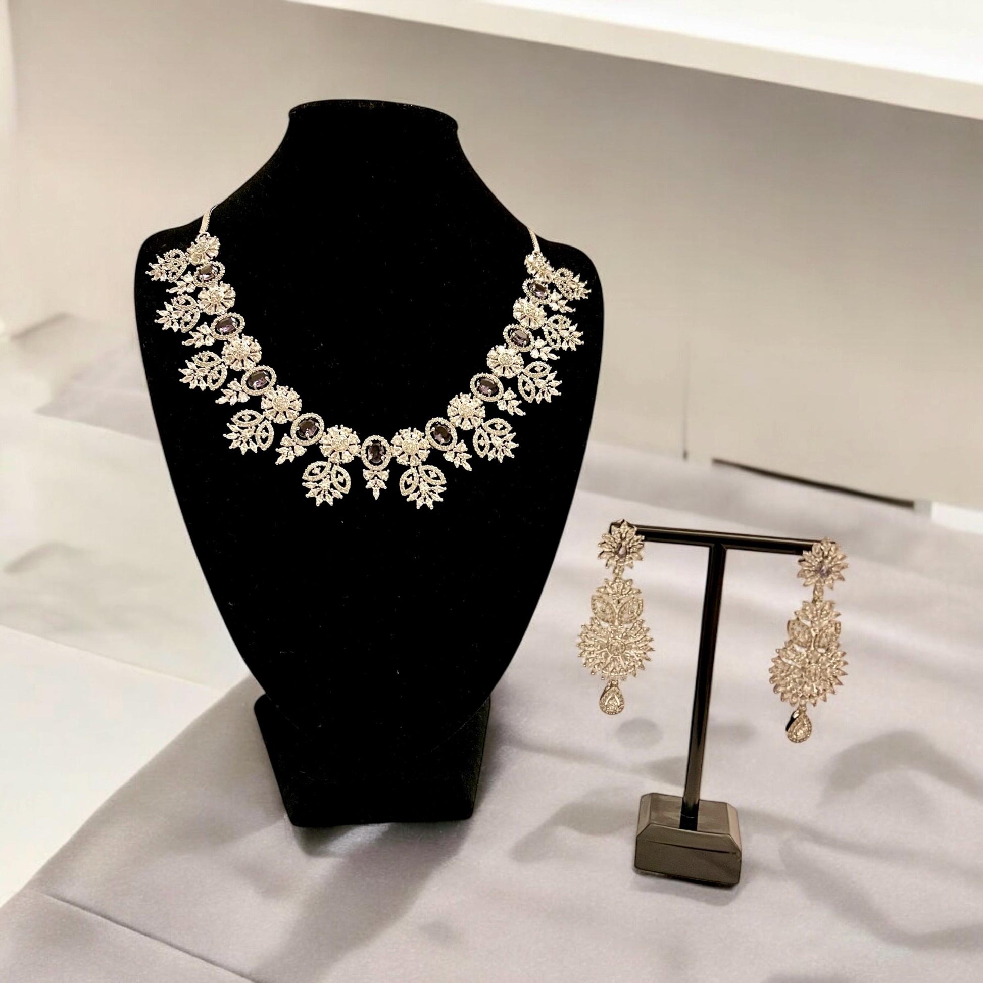 Purple Flower detail AD Neclace Set with matching Earrings