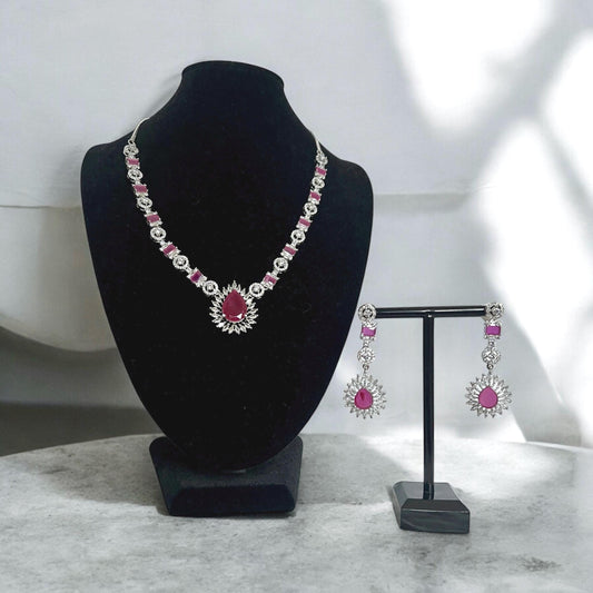 Rani Pink American Diamond Pendant Necklace Set