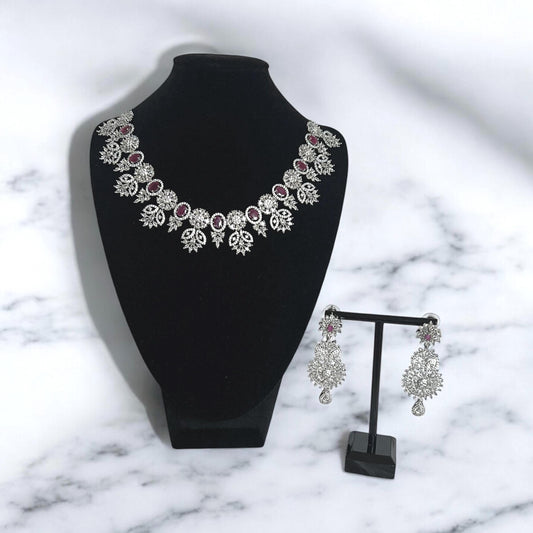 Pink Gemstone with AD floral design necklace set