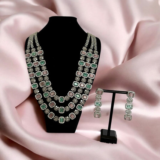Pastel Green & Blush Pink Triple Layer Necklace Set with Floral Accents – Elegant Bridal Jewelry