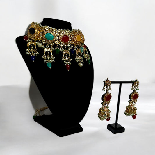 Navratna Inspired Polki Choker Set with Colorful Stones & Jhumka Earrings – Antique Gold Bridal Jewelry