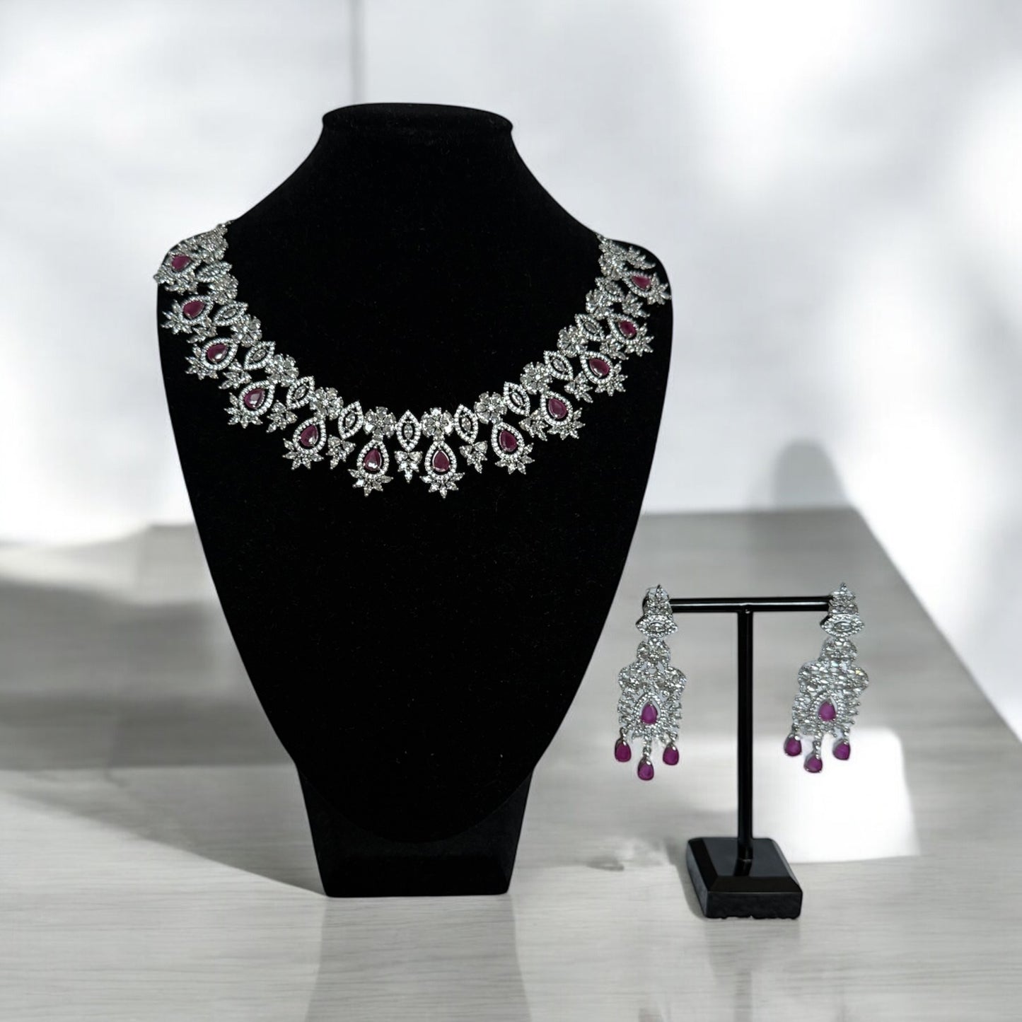 Luxury Ruby Stone Necklace and Earrings Set | Bridal Jewelry | Statement Set