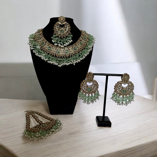 Mint Green Beaded Kundan Choker Set with Earrings & Maang Tikka – Antique Gold Bridal Jewelry