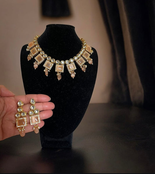 Peach & Gold traditional kundan adjustable necklace and earrings