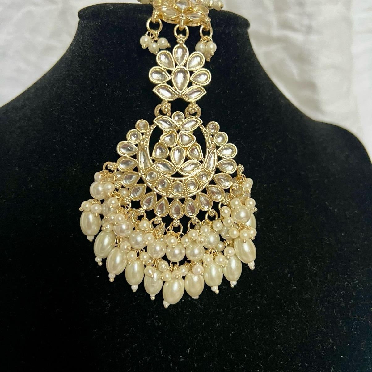 Cream and Gold Beaded Drop Earrings with Tikka